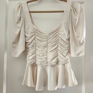 Express Ivory Ruched Puff-Sleeve Top with Peplum Size Small